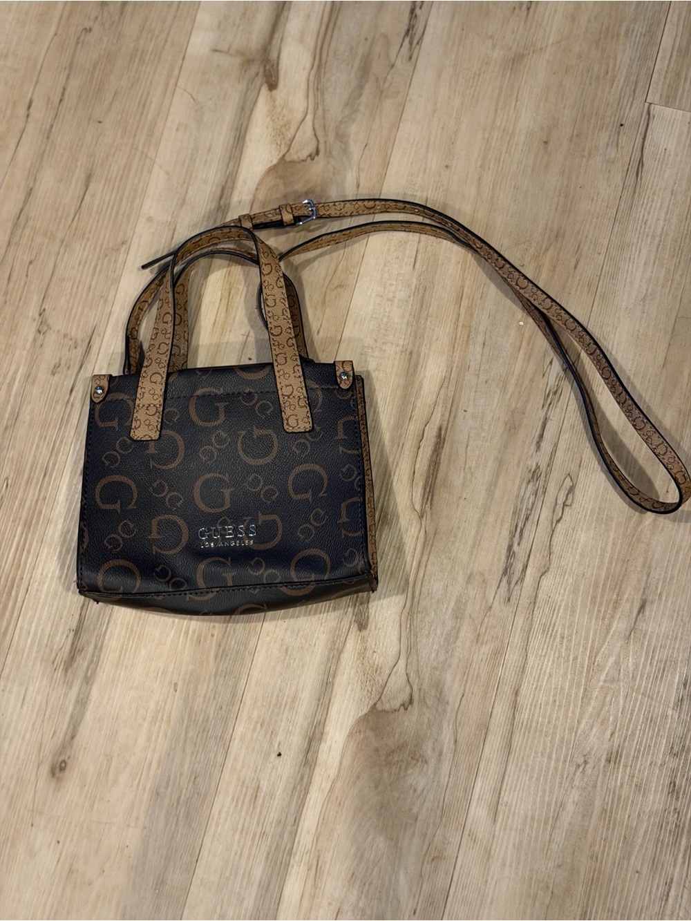 GUESS Brown Logo Print Mini Crossbody